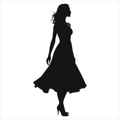 Elegant woman in a classic vector silhouette (Belted Waist)dress/A striking silhouette of a woman wearing a vintage-inspired, full-skirted dress.