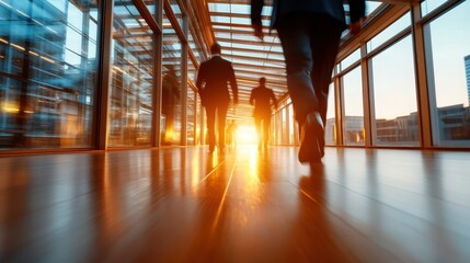 Silhouetted figures of business professionals stride purposefully down a corridor, illuminated by warm sunset light, representing ambition, success, and the journey ahead.