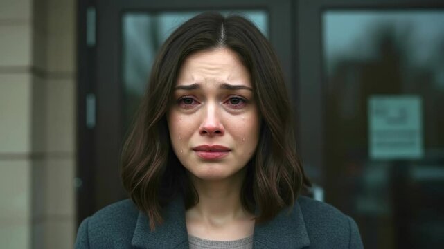 Close-up of crying woman with tears rolling down her cheeks and wet eyes. Emotional distress and sorrow. Portrait of sadness, grief related to mental health problem.
