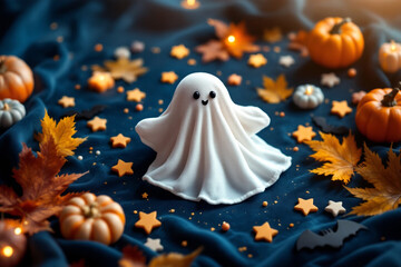 Adorable ghost with pumpkins on night sky background