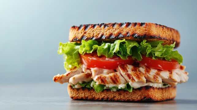 A delicious grilled chicken sandwich layered with fresh lettuce, sliced tomatoes, and creamy mayonnaise on toasted bread, perfect for a healthy lunch option.