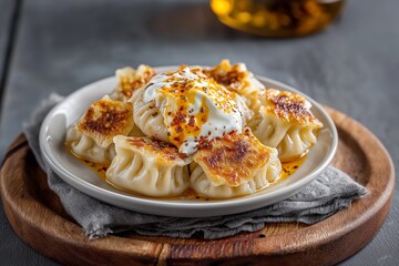 Close-up of Turkic Manti, steamed meat dumplings, topped with poached egg, creamy sauce, red pepper. Concept of Turkic Manti served on wooden board, gray cloth, dark background.