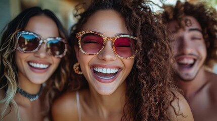 A group of joyful friends smiles brightly while enjoying a sunny outdoor day, embodying the essence of friendship and shared experiences in a fun setting.