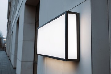 Modern wall light fixture illuminating a building exterior in urban setting during early evening hours