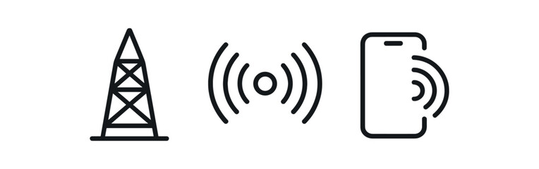 Communication icons: antenna, signal waves, smartphone in minimalist design