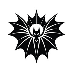 A symmetrical black bat emblem illustration with sharp pointed wings for logos and graphic design projects