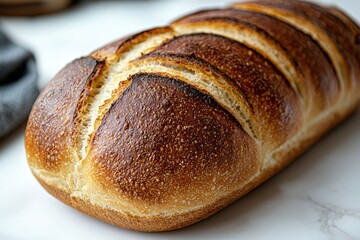 Freshly baked artisan bread with golden crust on marble surface