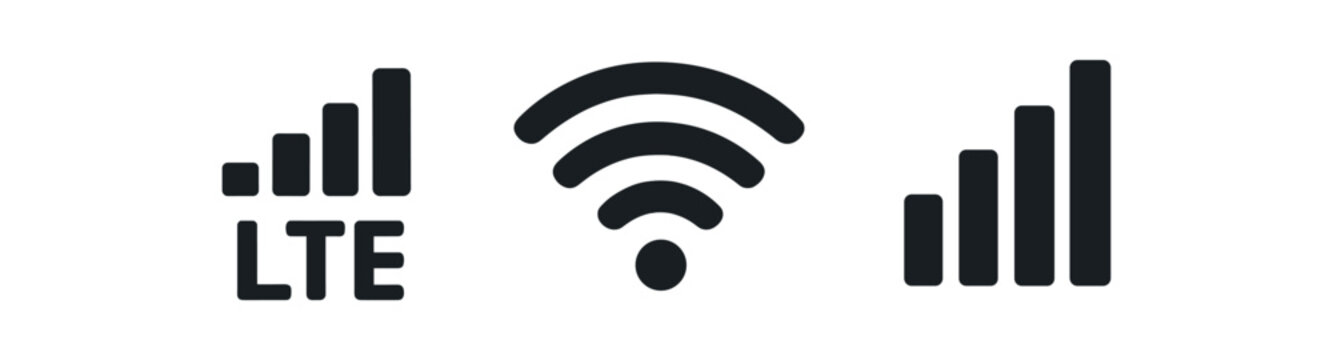 Black wireless signal icons with lte and wi-fi symbol on white background