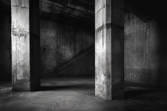 Dark Concrete Room Mysterious Pillars Shadowy Atmosphere