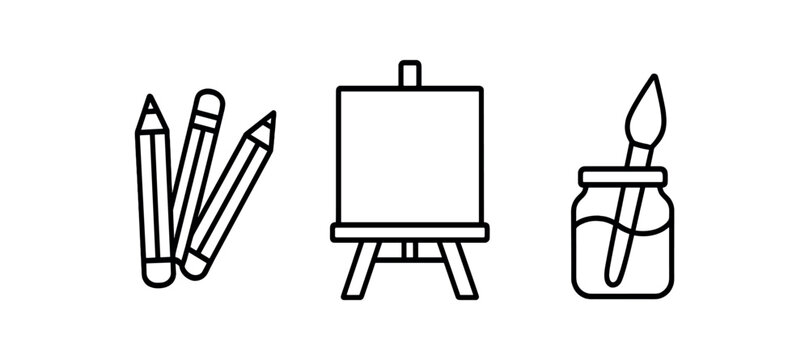 Black and white art tools icon set: pencils, easel, paintbrush