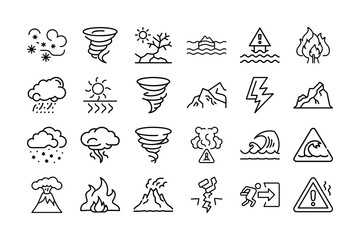 Disaster and Weather Hazard Line Icons Set of Emergency Alert Symbols Including Tornado, Earthquake, Tsunami, Wildfire, Flood, Lightning, Volcanic Eruption, and Extreme Weather Conditions icon Vector 