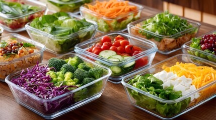Colorful salads in glass containers, showcasing diverse vegetables for healthy meal planning and vibrant eating.