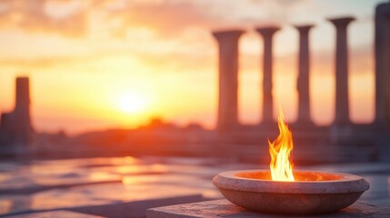 A sacred fire burns in a stone bowl at sunset, with ancient columns silhouetted in the background.