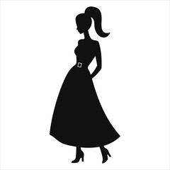Vector Silhouette of a Woman in a Classic (Belted waist ) Dress/A stylish black silhouette of a woman wearing a midi dress with a belt and high heels.