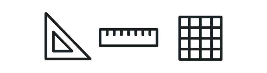 Geometric tools icon set: triangle, ruler, grid design elements for precision