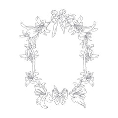 Hand drawn black and white line art lily flowers wreath. Vintage monochrome card template with cute floral frame. Botanical vector illustration isolated on white.