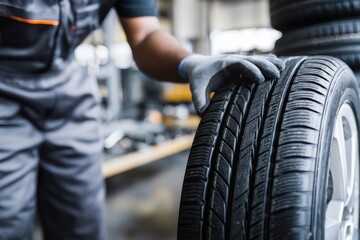 Tire inspection in busy workshop with technician checking tread depth during afternoon maintenance