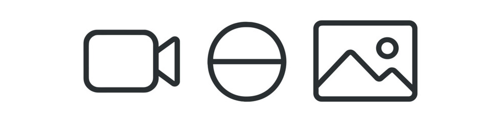 Minimalist icons of video camera, basketball, and landscape in black and white