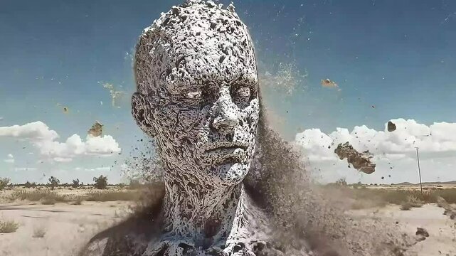 Stone-like figure disintegrating into dust against a desert backdrop with a cloudy sky