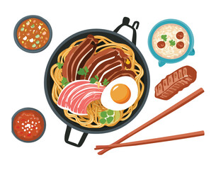 set menu of bowl noodles with meat and egg and side dish - vector illustration