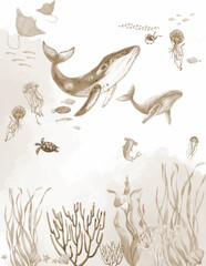 Soft Beige Underwater Scene with Whales Seamless Pattern, Elegant Marine Life Repeat for Textile and Decor
