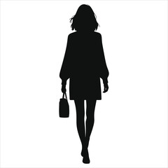 Stylish Woman Walking with Bag(Fall sweater ) - Vector Silhouette Design/A simple, elegant silhouette of a woman walking, holding a bag.