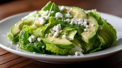 Fresh salad featuring avocado, lettuce, and crumbled cheese, perfect for a healthy meal or snack.