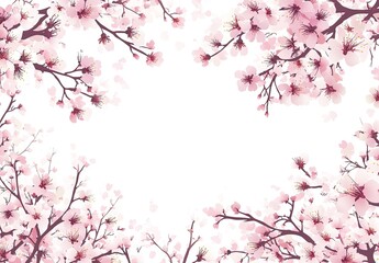 Fototapeta premium Delicate cherry blossom branches frame a white background. Soft pink blossoms and thin branches create a spring-like floral border. Faded petals drift gently around the branches