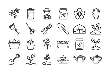 Representing Gardening and Agriculture vector icon set. Featuring Plants, Tools, Flowers, Soil, Watering, Fertilizers, and Gardeners for Horticulture and Farming Themes