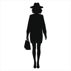 Stylish Woman Vector Silhouette with Bag, Ready for Adventure(Fall Sweater )/A sophisticated silhouette of a woman wearing a hat and carrying a bag, set against a neutral background.