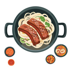 Seasoned Meat over Noodles with Garnishes with Seasoning on Bowl - Vector Illustration