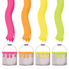 A set of four buckets of acrylic paint, each filled with bright, oozing paint. Seamless Drips. Raindrops Rainbow. © Elena Khachatrian