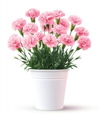 Pink carnations in a white pot.  A bouquet of delicate, light pink carnations arranged in a simple white pot.  Fresh, vibrant blooms, lush green foliage