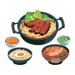 Meat and Noodle Combo with Side Dishes - Vector Illustration