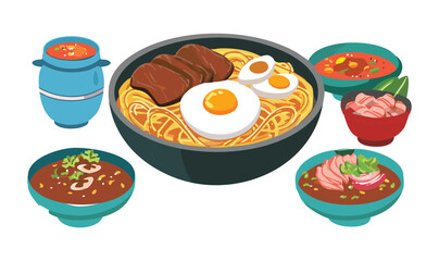 Noodle Bowl with Braised Meat and Sunny Egg and Side Sauce Dish - Vector Illustration