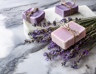  Handmade lavender soaps on gray and white marble background with lavender flowers. Generated image