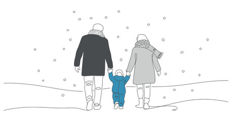 Family Winter Walk Holding Hands Snow Falling Line Art Illustration