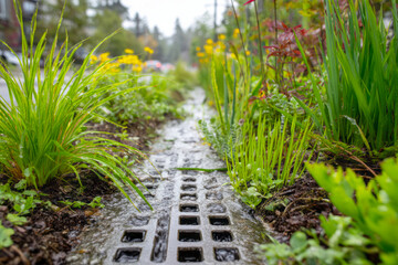Storm water flows through a lush urban rain garden toward a drainage grate, showcasing green infrastructure in sustainable city planning for effective storm water management, ai generative.