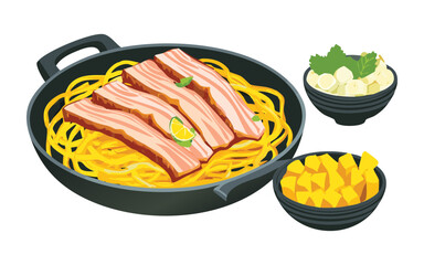 Noodle Bowl with Sliced Grilled Meat - Vector Illustration