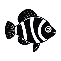 Simple illustration of a black and white striped cartoon fish swimming in the ocean isolated on a white background