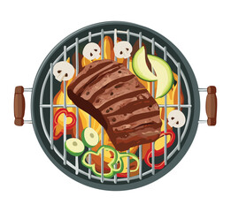 Grilled beef slice on the grill with vegetable slices - vector illustration
