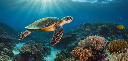 Fototapeta premium Sea turtle swimming gracefully over a vibrant coral reef, surrounded by tropical fish and illuminated by sun rays filtering through the ocean surface.