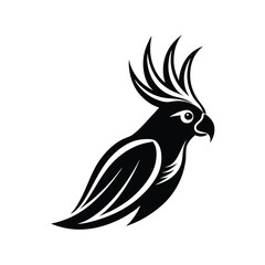 Black and white minimalist illustration of a cockatoo bird isolated on a clean white background