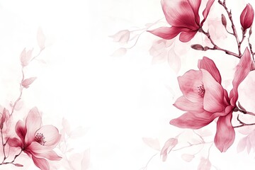 Delicate magnolia blossoms in soft, muted shades of pink and red, forming a frame around a blank center.  Intricate, painterly details highlight the petals and stems of the flowers,