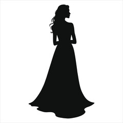 Vector Silhouette of a Woman in a Halter Neck Long Gown/A sophisticated black silhouette of a woman wearing a flowing, long gown.