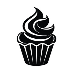 Elegant black and white illustration of a swirled iced cupcake for bakery branding and design elements