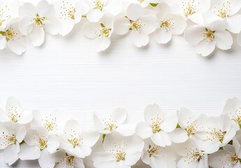 Delicate white blossoms arranged in a frame on a white wooden surface.  Small, elegant white flowers create a floral border, perfect for a spring or nature theme