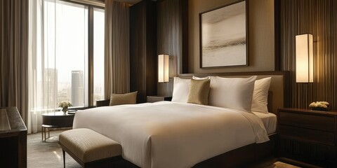 Sophisticated interior with warm muted bedding tones, clean minimal frames, and designer lighting accenting a peaceful atmosphere.