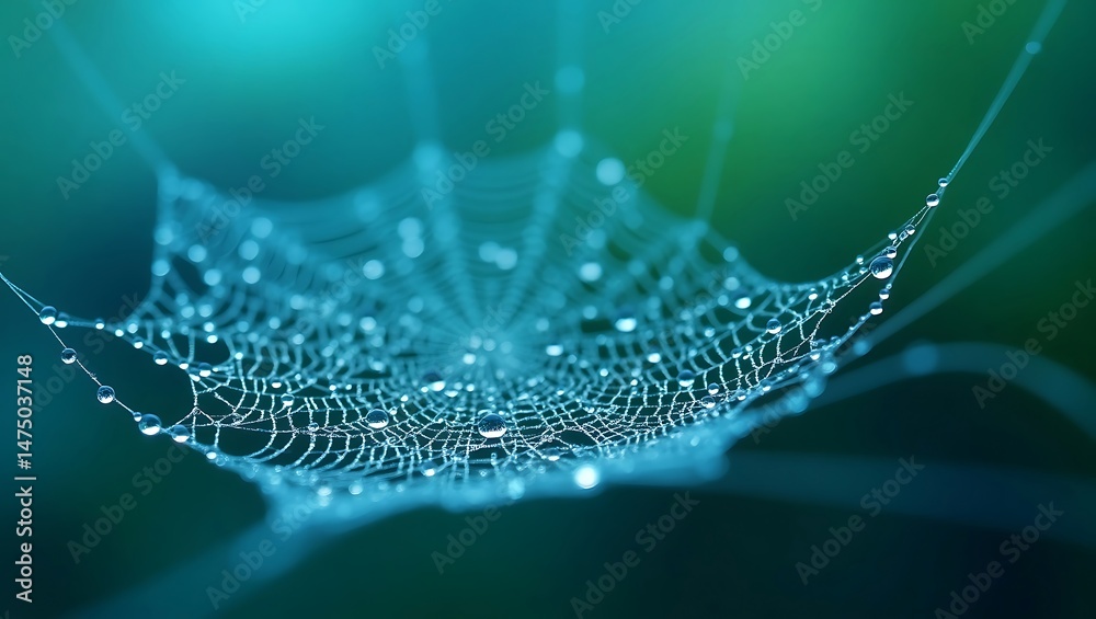 Wall mural abstract macro nature closeup of a wet spider web with water dew drops creating a delicate pattern i