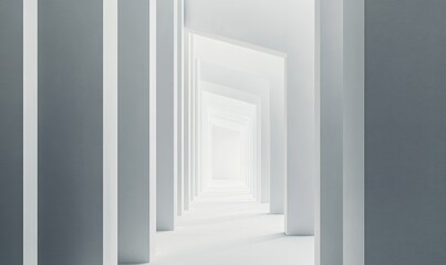 Obraz premium A pristine, white architectural hallway, extending into the distance. Geometric columns create an ethereal path